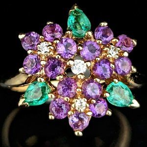 Faberge for Franklin Mint Diamond Gemstone 14k Gold Ring Violets In The Snow